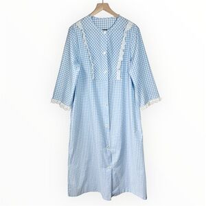 Cottagecore Gingham Nightgown Button Up Women’s Large Blue Lace Prairie Dress